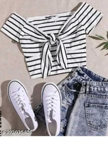 Striped Tie-Front Crop Top For Casual, Party & Str