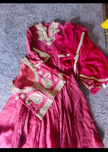 Maroon Anarkali With Waistcoat And Dupatta