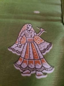 Green &amp; White Illustrated Saree