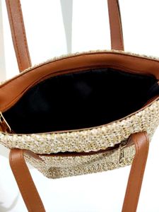 Woven Tote Bag with Faux Leather Accents