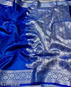 Elegant Blue &amp; Silver Saree Banarasi Satan