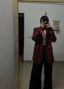 ZARA RED Checked Double Breasted Blazer