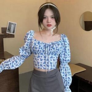 Blue Floral Puff Sleeve Crop Top