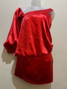 Red One-Shoulder Satin Mini Dress