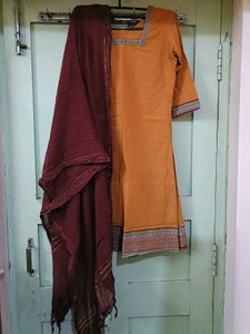 Stiched Mustard Kurti with Maroon Dupatta