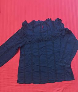 Navy Eyelet Ruffle Blouse
