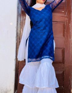 Sharara Set Pure Cotton Dark Blue With White