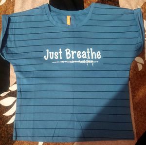 Blue Striped &#34;Just Breathe&#34; Tee