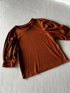Rust Ribbed Puff Sleeve Top -S