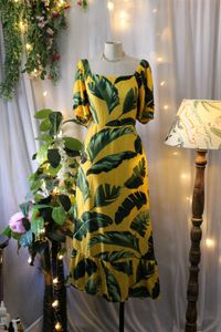 Yellow Leaf Print Midi Dress