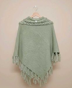 Sage Green Knit Poncho with Fringe