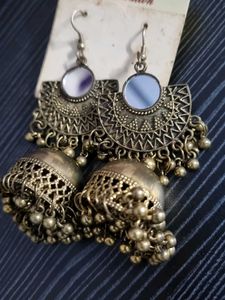 Oxidized Mirror Work Jhumka Earrings
