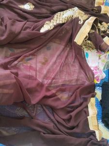 Embroidered marron Saree attach bouse Pisce