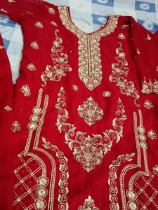 Red &amp; Gold Embroidered Stones  Kurta Set