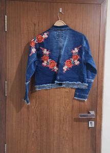 Dark Blue Denim Jacket With Floral Back