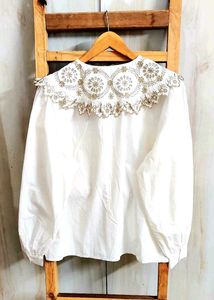 Elegant White Embroidery Blouse Size-42