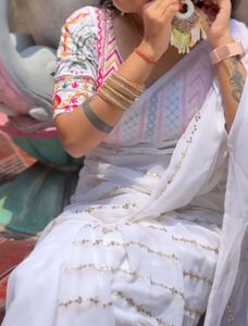 White Sequence Saree With Stitched Blouse