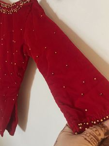 Red Velvet Kurti with Gold Bead Detail