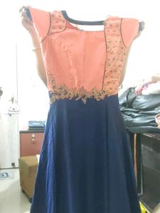 Peach &amp; Blue Embroidered Anarkali Dress