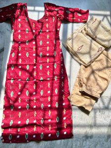 Maroon Printed Kurta Set With Beige Pant Dupatta