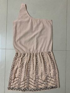 One Shoulder Peach Color Embroidered Dress