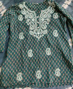 Teal Embroidered Short Kurti