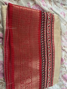 Elegant Cream &amp; Red Sari Bandhani Silk