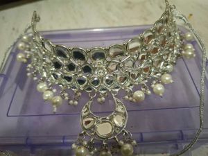 Silver Kundan &amp; Pearl Indian Jewelry Set