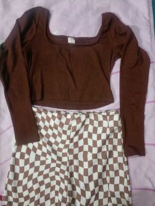 Brown Top & Checkered trouserSet