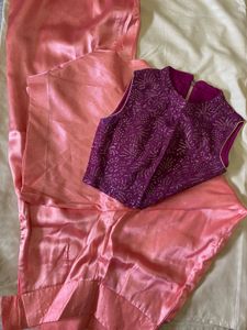 Purple Embellished Crop Top &amp; Peach Plazo Pants