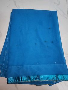 Plain Blue Saree With Simple Beed Work