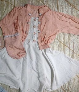 Peach Cardigan &amp; White Dress