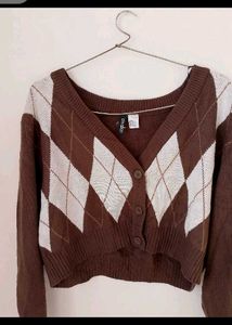 H&amp;M Brown Argyle Crop Cardigan.
