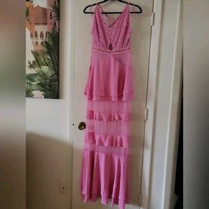 Pink Maxi Dress Spaghetti Straps Tiered Ruffles
