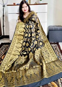 Golden Zari Weaving Black South Silk Saree