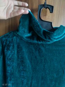 Teal Green Velvet Turtleneck Top