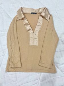 Beige Satin-Collared Blouse