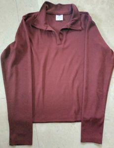 Brown Ribbed Polo Top