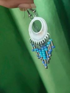 Silver Jhumkas With Blue Beeds.