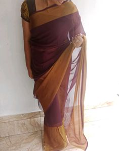 Purple Saree With Golden Border Withblouse Piece