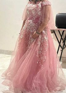 Dusty Rose Floral Applique Tulle Gown