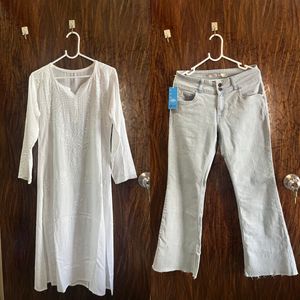 Combo Chikankari Kurta With Bootcut Jeans For Wome
