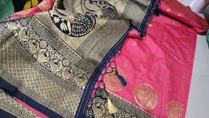 Premium Banarasi Pink &amp; Navy Saree