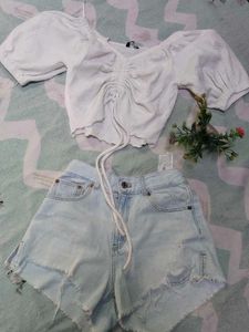Cute Top & Denim Shorts Set
