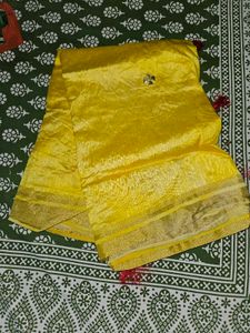 Yellow &amp; Gold Sari with Red Tassel Detail