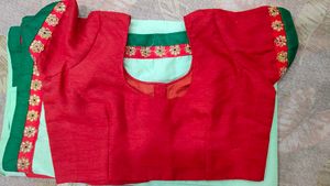Mint Green Saree &amp; Red stitched Blouse