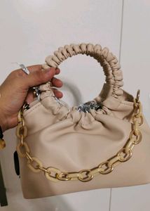 Beige Ruched Handle Chain Bag