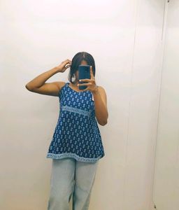 Blue Printed Sleeveless Top