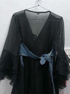 Black Dress with Denim Vest