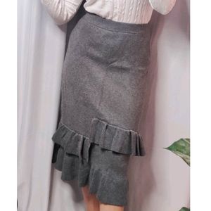 Grey Woolen A-line Skirt with Ruffles in front